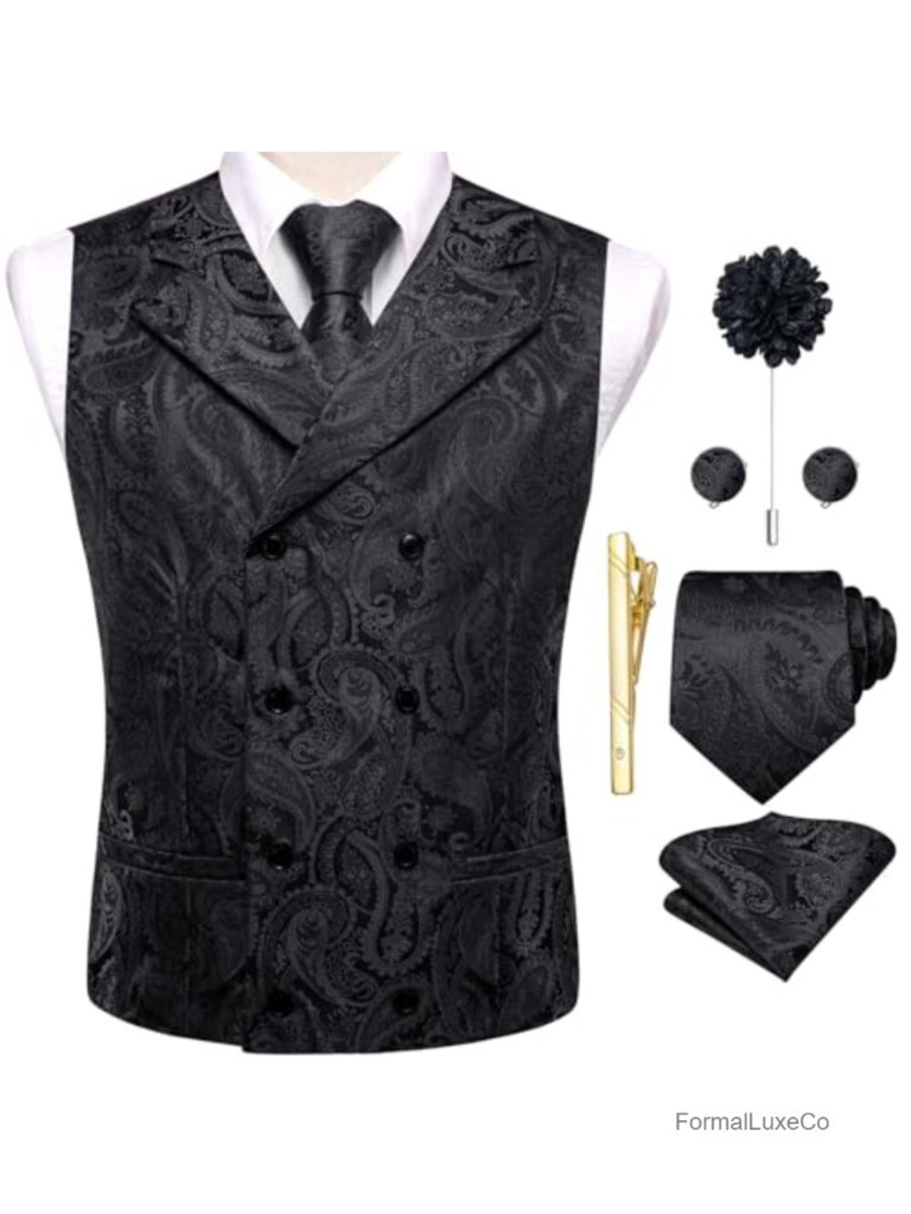Men's Double Breasted Paisley Formal Vest & Tie Set 6 Pieces Wedding Party